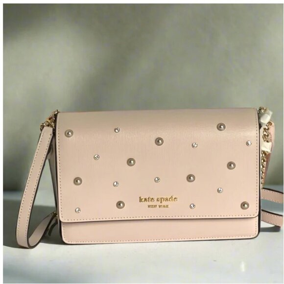 Kate Spade Purl Pearl Flap Shoulder Bag Beige Clutch Chain Wallet Crystals - Picture 1 of 14